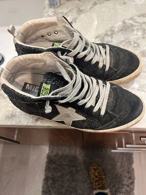 Golden Goose-Style Black Glitter High-Top  Sneakers with White Star